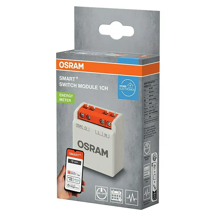 Osram Smart+ Schalter 1CH - Weiß, Innen - Verpackung des OSRAM SMART+ Switch Modul 1CH für intelligentes Schalten und Energiemessung im Smart Home.