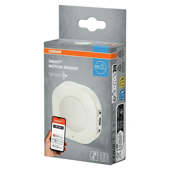 Osram Smart+ Bewegungsmelder - Weiß - Abbildung einer Osram Smart+ Bewegungsmelder-Packung mit einem Sensor und Smartphone mit App-Symbolen.