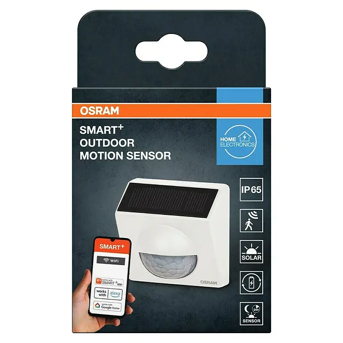 Osram Smart+ Bewegungsmelder Outdoor - Weiß - Abbildung der Verpackung eines OSRAM SMART+ Outdoor Bewegungsmelders für smarte Aussenbeleuchtung mit Solarpanel und App-Steuerung.
