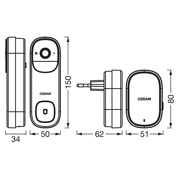 Osram Smart+ Türklingel mit Kamera - Weiß - Abbildung der Maße der Osram Smart+ Videotürklingel und ihrer Türklingel. Die Türklingel ist 150 mm hoch und 50 mm breit.