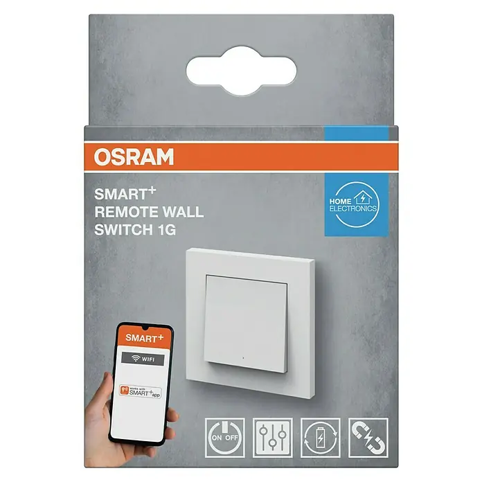 Osram Smart+ Schalter magnetischer Wandschalter 1G matter - Weiß, Innen - Verpackung eines Osram Smart+ Remote Wall Switch 1G, ein intelligenter Wandschalter für das Smart Home.