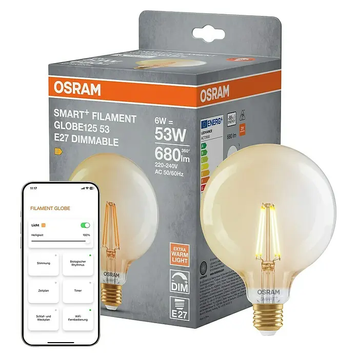 Osram Smart+ LED-Lampe WiFi - E27, Dimmbar, Warmweiß, 680 lm, 6 W, 1 Stk. - Produktfoto: Eine Osram Smart+ Filament Globe125 53 E27 Dimmable Lampe mit Smartphone-App für Lichtsteuerung.