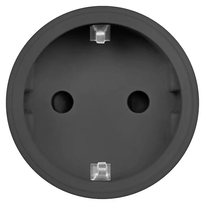 Osram Smart+ Smart-Steckdose matter - Innen, Schwarz, 1 Stk. - Nahaufnahme einer runden, grauen Steckdose vom Typ F, bekannt als Schuko, für europäische Elektrogeräte.