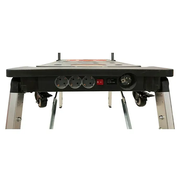 Banco de trabajo 7 en 1 - L x An: 55 x 108,5 cm, Altura de trabajo: 78 cm, Carga soportada: 100 kg - Primer plano de una mesa de herramientas con enchufes integrados e interruptor. El diseño robusto es ideal para talleres.