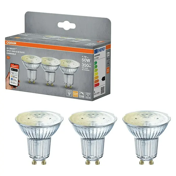 Osram Smart+ Smart-LED-Lampe matter - GU10, Dimmbar, Warmweiß, 350 lm, 4,7 W, 3 Stk. - Eine Packung Osram 3X SMART+ PAR16 GU10 LED-Lampen, die dimmbar sind und warmweißes Licht abgeben, zusammen mit drei einzelnen Lampen.