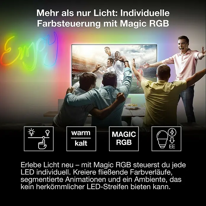 Osram Smart+ LED-Band Flex - Länge: 300 cm, Lichtfarbe: RGBW, 14 W, 1.500 lm, 220 V - 240 V - Bild von Magic RGB-LED-Streifen, die individuelle Farbsteuerung und fließende Farbverläufe für ein einzigartiges Ambiente bieten.
