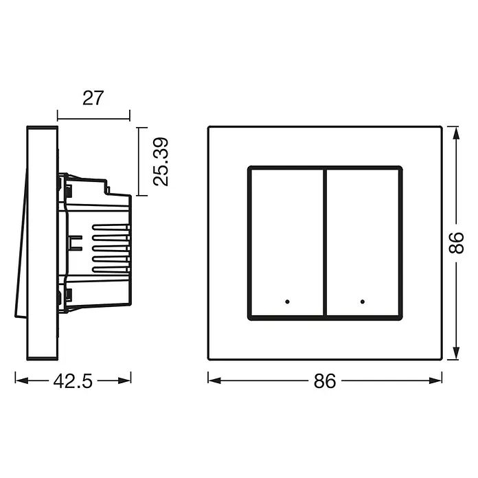 Osram Smart+ Schalter 2G matter - Weiß, Innen - Eine technische Zeichnung eines Doppel-Lichtschalters mit Maßangaben für seine Abmessungen und Einbautiefe.