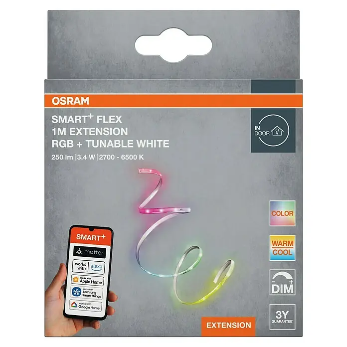 Osram Smart+ LED-Band Flex - Länge: 100 cm, Lichtfarbe: RGBW, 3,4 W, 250 lm, 220 V - 240 V - Produktverpackung der Osram Smart+ Flex 1M Extension, eine smarte, farbige LED-Lichterkette für den Innenbereich mit 3 Jahren Garantie.