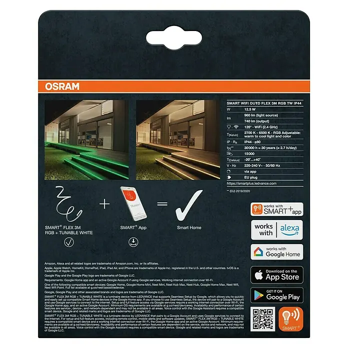 Osram Smart+ LED-Band Flex außen - Länge: 300 cm, Lichtfarbe: RGBW, 12,5 W, 740 lm, 220 V - 240 V - Produktverpackung für OSRAM SMART+ FLEX 3M RGB TW IP44 Außenleuchte, kompatibel mit Smart Home Systemen.