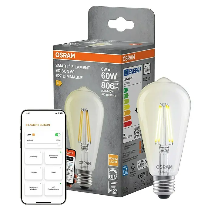 Osram Smart+ Smart-LED-Lampe Edison matter - E27, Dimmbar, Warmweiß, 806 lm, 6 W - Das Bild zeigt eine smarte OSRAM Filament Edison 60 Glühbirne und ihre Verpackung, mit Steuerung über eine Smartphone-App.