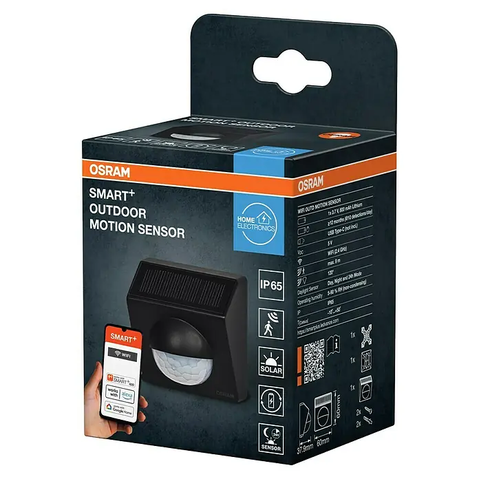 Osram Smart+ Bewegungsmelder - Anthrazit - Verpackung des OSRAM SMART+ Outdoor Bewegungssensors mit Produktbild, Logos und technischen Daten für ein smartes Zuhause.