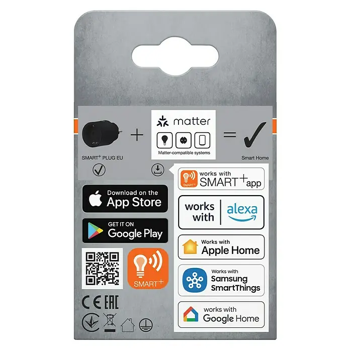 Osram Smart+ Smart-Steckdose matter - Innen, Schwarz, 1 Stk. - Verpackung einer SMART+ Steckdose EU, die mit Matter kompatibel ist und mit Apple Home, Google Home und Amazon Alexa funktioniert.