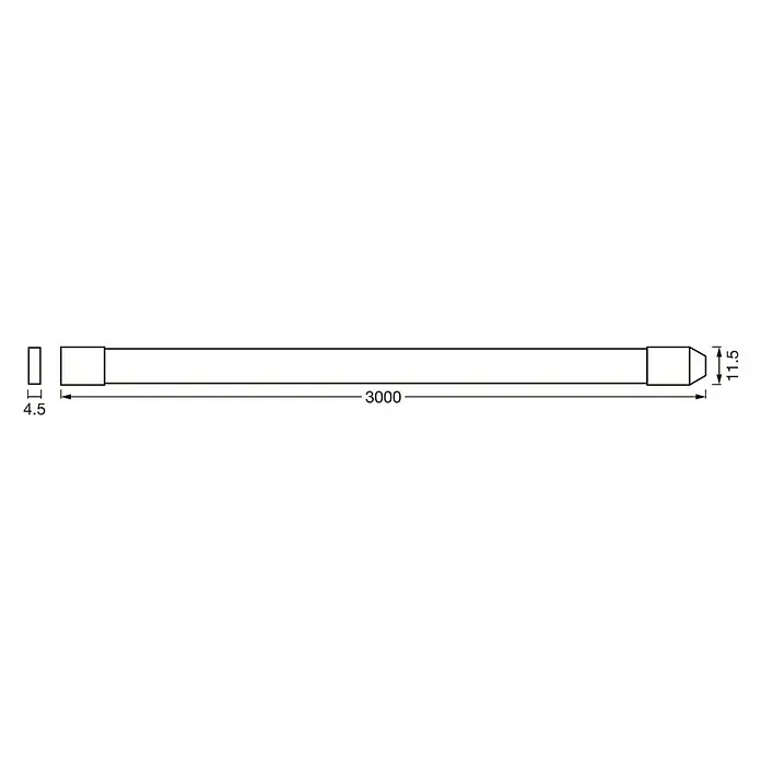 Osram Smart+ LED-Band Flex außen - Länge: 300 cm, Lichtfarbe: RGBW, 12,5 W, 740 lm, 220 V - 240 V - Skizze eines zylindrischen Produkts mit Endkappen, Maße von 4,5 und 11,5 an den Enden und einer Länge von 3000 in der Mitte.
