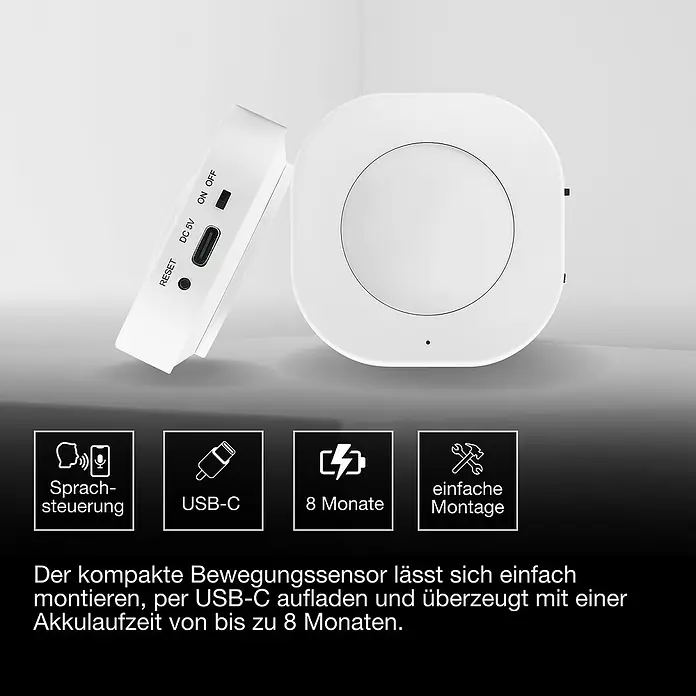 Osram Smart+ Bewegungsmelder - Weiß - Das Bild zeigt einen kompakten Bewegungssensor in Weiß, der einfach zu montieren ist und eine Akkulaufzeit von bis zu 8 Monaten hat.