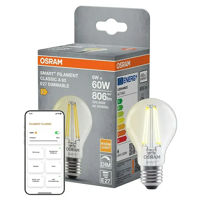 Osram Smart+ Smart-LED-Lampe Birne matter - E27, Dimmbar, Warmweiß, 806 lm, 6 W - Das Bild zeigt eine Osram Smart+ Filament Classic A60 E27 dimmbare Glühbirne, die Energieeffizienz und modernes Design vereint.