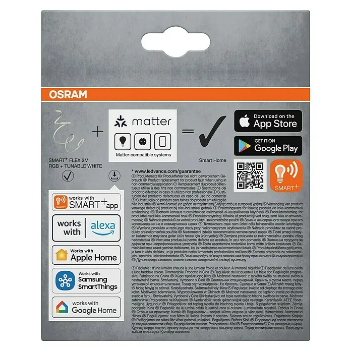 Osram Smart+ LED-Band Flex - Länge: 200 cm, Lichtfarbe: RGBW, 8,5 W, 500 lm, 220 V - 240 V - Osram Smart+ Flex 2M RGB tunable white light strip packaging.