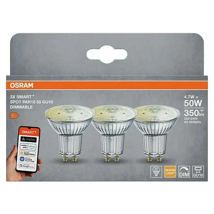 Osram Smart+ Smart-LED-Lampe matter - GU10, Dimmbar, Warmweiß, 350 lm, 4,7 W, 3 Stk. - Verpackung von drei Osram Smart+ PAR16 GU10 LED-Spots, dimmbar und kompatibel mit Smart-Home-Systemen für intelligente Beleuchtung.