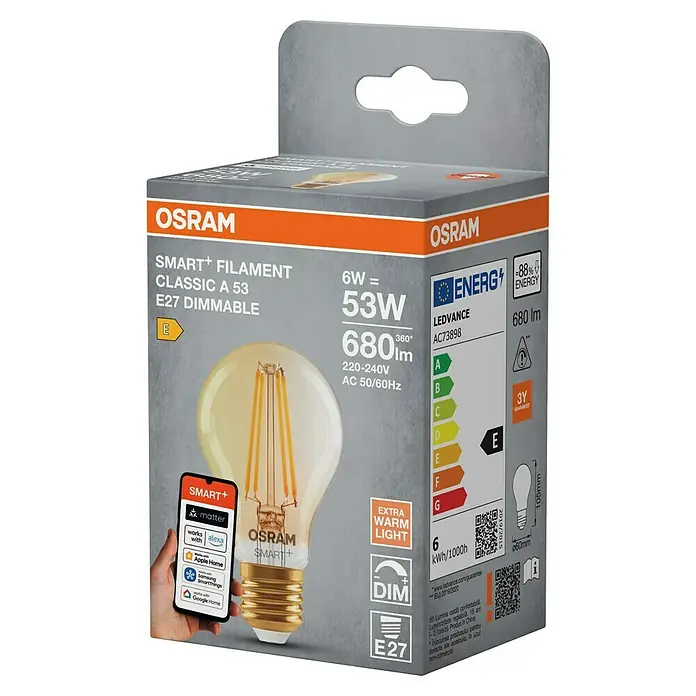 Osram Smart+ Smart-LED-Lampe Birne matter - E27, Dimmbar, Warmweiß, 680 lm, 6 W - Produktverpackung einer Osram Smart+ Filament Classic A 53 E27 Dimmable Glühbirne mit technischen Details und Smart Home Kompatibilität.