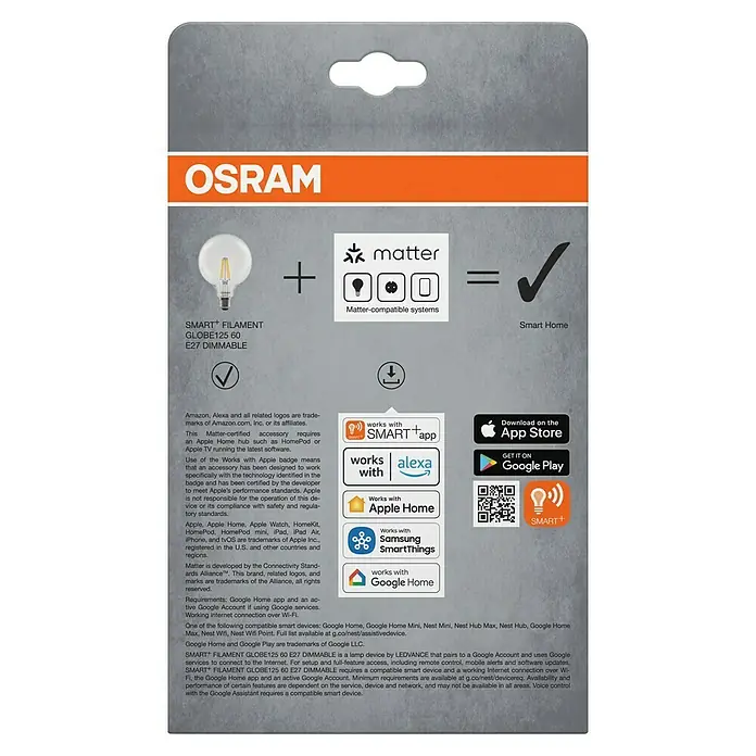 Osram Smart+ Smart-LED-Lampe Globe matter - E27, Dimmbar, Warmweiß, 806 lm, 6 W - OSRAM Smart+ Filament GLOBE125 60 E27 DIMMABLE Lampe, kompatibel mit Matter, Alexa, Apple Home und Google Home.