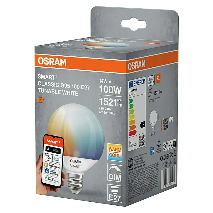 Osram Smart+ Smart-LED-Lampe matter - E27, Dimmbar, Mehrfarbig, 1.521 lm, 14 W - Nahaufnahme der OSRAM SMART+ Classic G95 100 E27 Lampe. Sie ist dimmbar, farbveränderlich und mit Smart Home Systemen kompatibel.