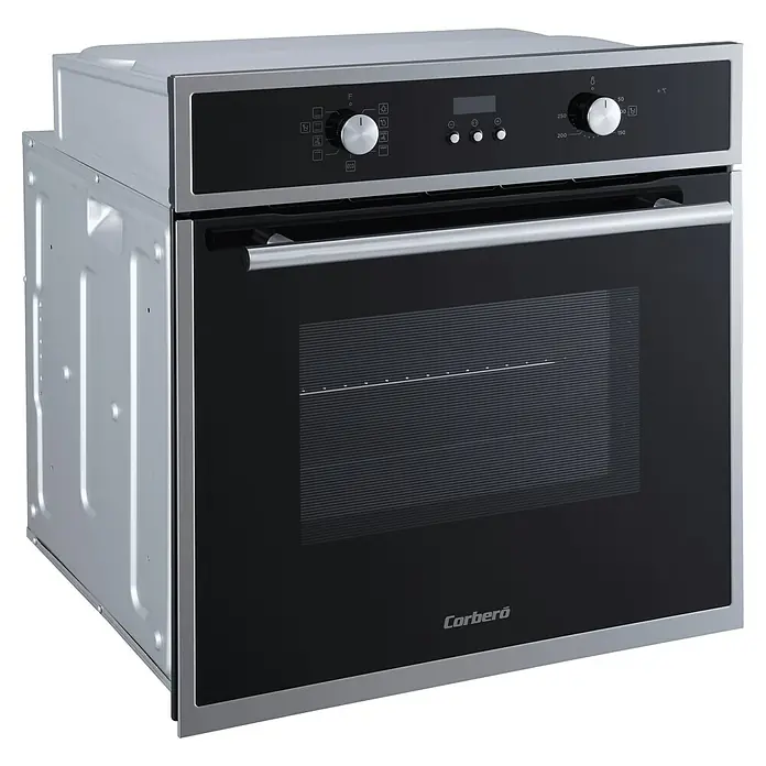 Corberó Horno empotrado CCHMD805X - Número de tipos de calentamiento: 8 ud., Volumen horno: 70 l - Imagen de un horno empotrable Corberó en plata con frontal de cristal negro, controles y asa.