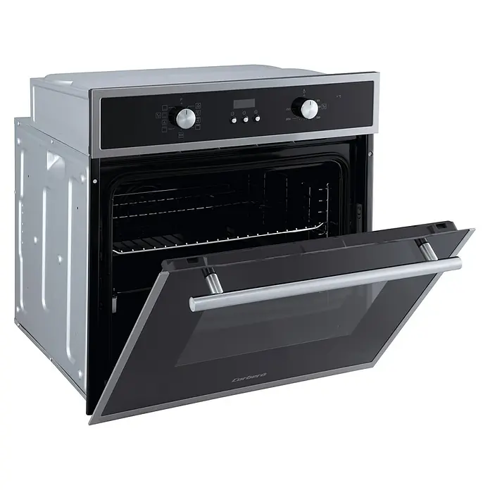 Corberó Horno empotrado CCHMD805X - Número de tipos de calentamiento: 8 ud., Volumen horno: 70 l - Un horno encastrable Cerbera con la puerta abierta, que revela el interior con una rejilla metálica. El panel de control está en la parte superior con pomos.