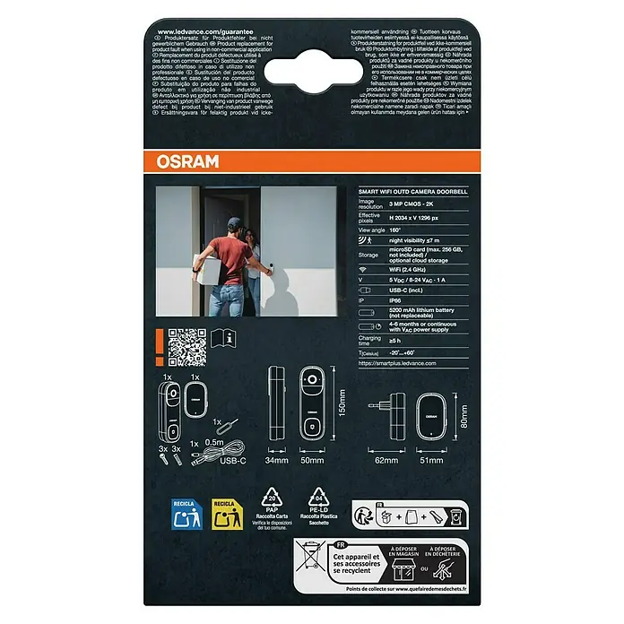 Osram Smart+ Türklingel mit Kamera - Weiß - Verpackungsdesign der OSRAM Smart WiFi Outd Kamera Türklingel mit Produktdetails und Zubehör.