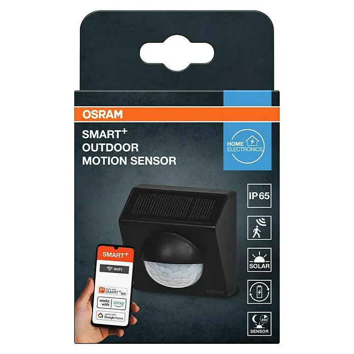 Osram Smart+ Bewegungsmelder - Anthrazit - Verpackung eines OSRAM SMART+ Outdoor Bewegungsmelders mit Solarpanel, der mit Apps und Sprachassistenten kompatibel ist.