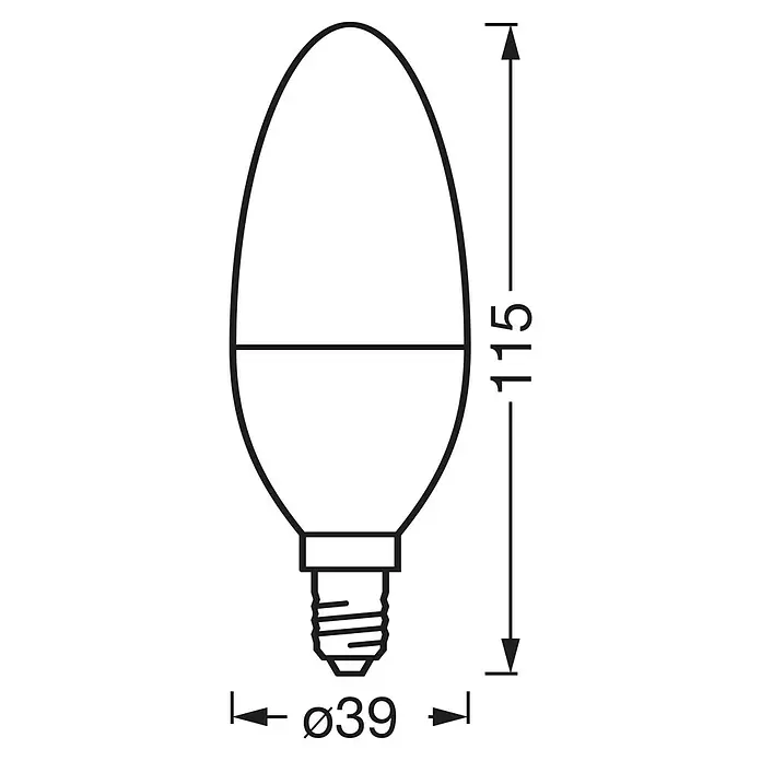 Osram Smart+ Smart-LED-Lampe B40 matter - E14, Dimmbar, Tageslichtweiß, 470 lm, 4,9 W - Eine Abbildung einer tropfenförmigen Glühbirne mit E27-Sockel und den Maßen 115 x 39 mm, technische Zeichnung für Lampenprodukte.