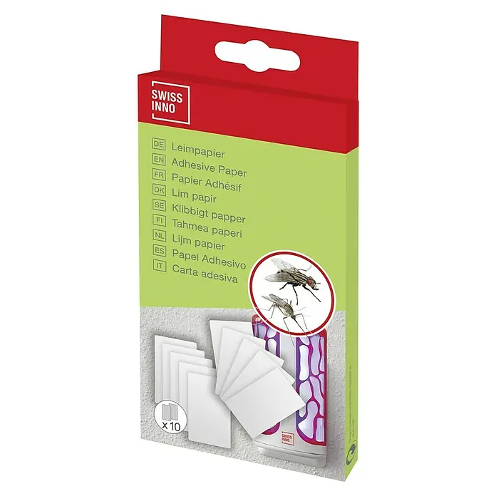 Swissinno Insektenfänger - 10 Stk. - Packung Swiss Inno Klebefallenpapier. Effektive und diskrete Lösung zur Bekämpfung von Insekten in Innenräumen.