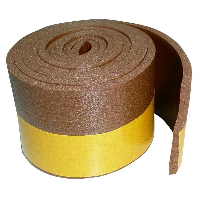 Junta para puerta PVC expandido - Marrón, Largo: 1 m - Un rollo de cinta de burlete de espuma marrón con una tira adhesiva amarilla, ideal para sellar puertas y ventanas.