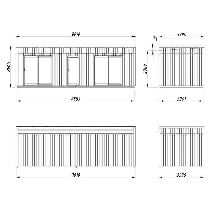 Palmako Gartenhaus Rebekka Nordic Plus - Außenmaß inkl. Dachüberstand (B x T): 901 x 339 cm, Holz, Natur unbehandelt - Isometrische Darstellung eines modularen Holzhauses mit genauen Abmessungen für Baupläne, ideal für Architekten und Bauherren.