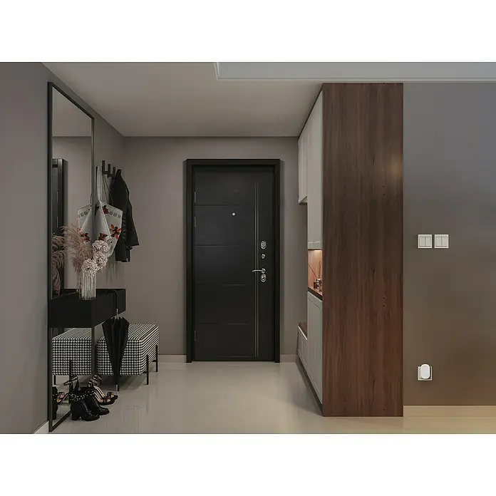 Osram Smart+ Türklingel mit Kamera - Weiß - Moderne Flurgestaltung mit einem schwarzen Spiegel, Garderobe und Schuhregal in einem stilvollen Eingangsbereich.