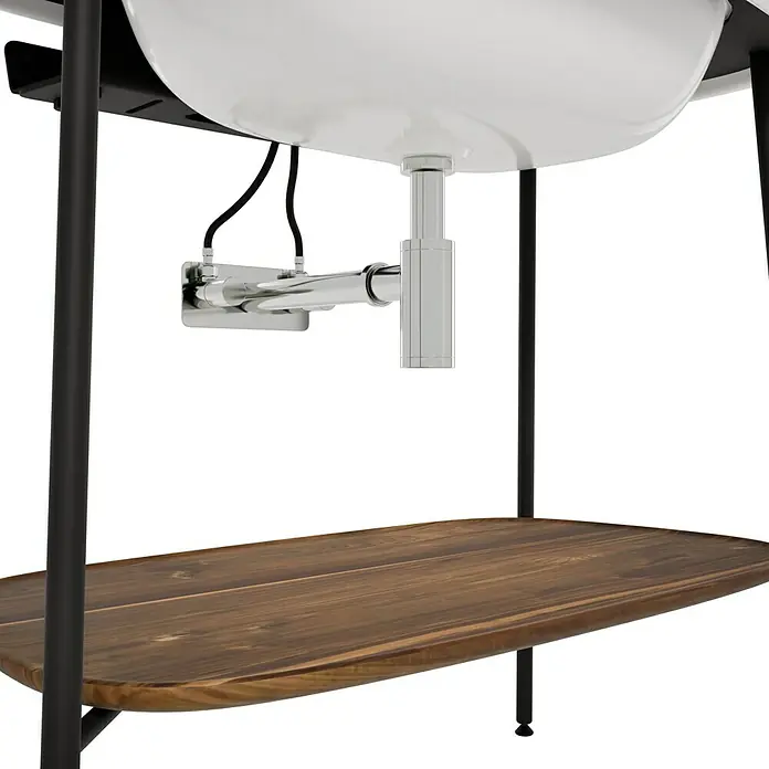 VitrA Plural Badmöbel-Set - Gesamtbreite Badmöbel: 99,5 cm, Weiß/Eiche Dunkel/Schwarz, Glänzend, 3 -tlg. - Ansicht von unten eines modernen Waschbeckens mit Holzablage und stilvoller Chromarmatur. Elegantes Design für ein Badezimmer.