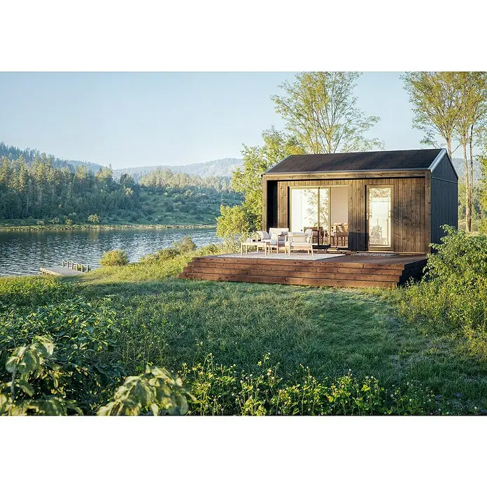 Palmako Gartenhaus Rebekka Nordic Plus - Außenmaß inkl. Dachüberstand (B x T): 562 x 446 cm, Holz, Natur unbehandelt - Ein modernes, schwarzes Holzhaus mit einer grosszügigen Terrasse, die zum Entspannen am See einlädt. Die Sitzgruppe auf der Terrasse verspricht Komfort.