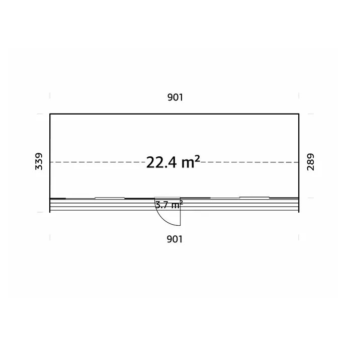 Palmako Gartenhaus Rebekka Nordic Plus - Außenmaß inkl. Dachüberstand (B x T): 901 x 339 cm, Holz, Natur unbehandelt - Grundrisszeichnung eines rechteckigen Gebäudes mit den Maßen 901 x 339 bzw. 289 und einer Fläche von 22,4 m².