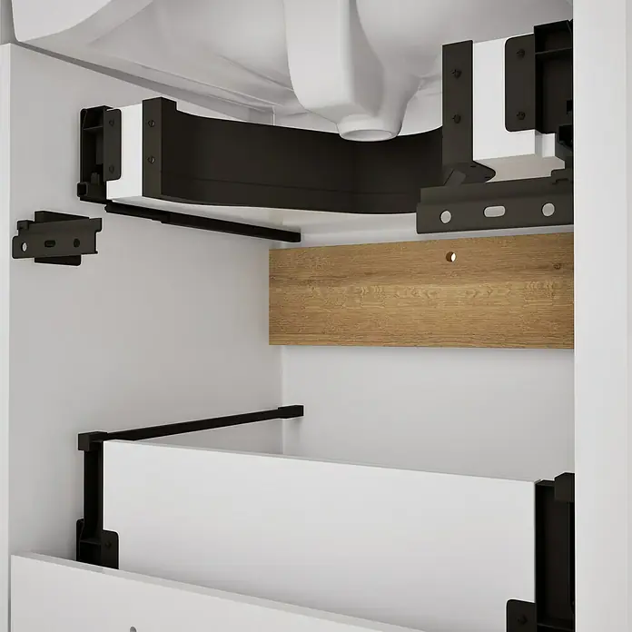 VitrA Sento Badmöbel-Set Sento - 63 cm, Weiß, 2 Schubladen - Detailansicht eines Badezimmerschranks mit Waschbecken, Schubladen und schwarzen Beschlägen, präsentiert die Inneneinrichtung des Möbels.