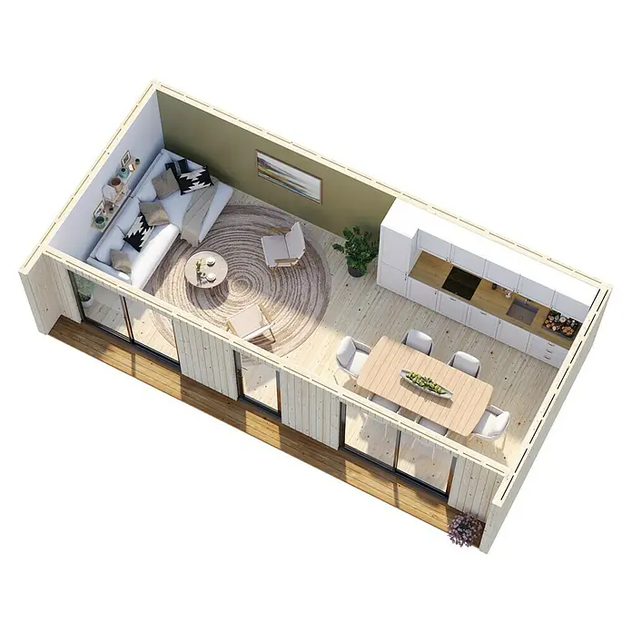 Palmako Gartenhaus Rebekka Nordic Plus - Außenmaß inkl. Dachüberstand (B x T): 901 x 446 cm, Holz, Natur unbehandelt - Die Draufsicht auf ein stilvolles Wohnzimmer mit Sofa, Tisch und Teppich in Erdtönen sorgt für eine gemütliche Atmosphäre.