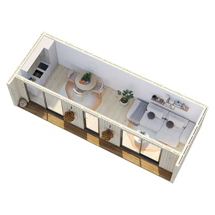 Palmako Gartenhaus Rebekka Nordic Plus - Außenmaß inkl. Dachüberstand (B x T): 901 x 339 cm, Holz, Natur unbehandelt - Eine helle, moderne Wohnung mit Küche, Essbereich, Sofa und Balkon mit Blumenkästen bietet ein gemütliches Wohnambiente auf kleinem Raum.