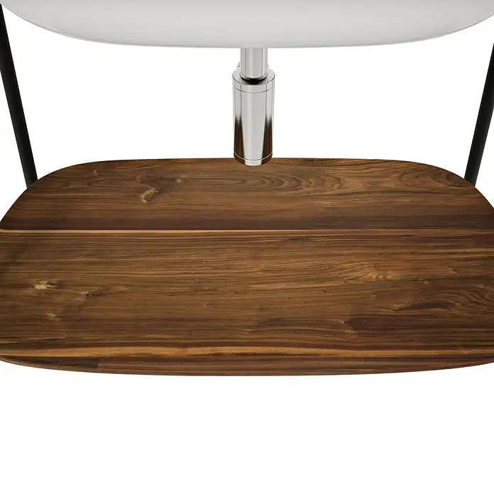VitrA Plural Badmöbel-Set - Gesamtbreite Badmöbel: 99,5 cm, Weiß/Eiche Dunkel/Schwarz, Glänzend, 3 -tlg. - Nahaufnahme eines Holztisches mit einem modernen Stuhlbein. Der Fokus liegt auf der Maserung des Holzes und dem schlichten Design.