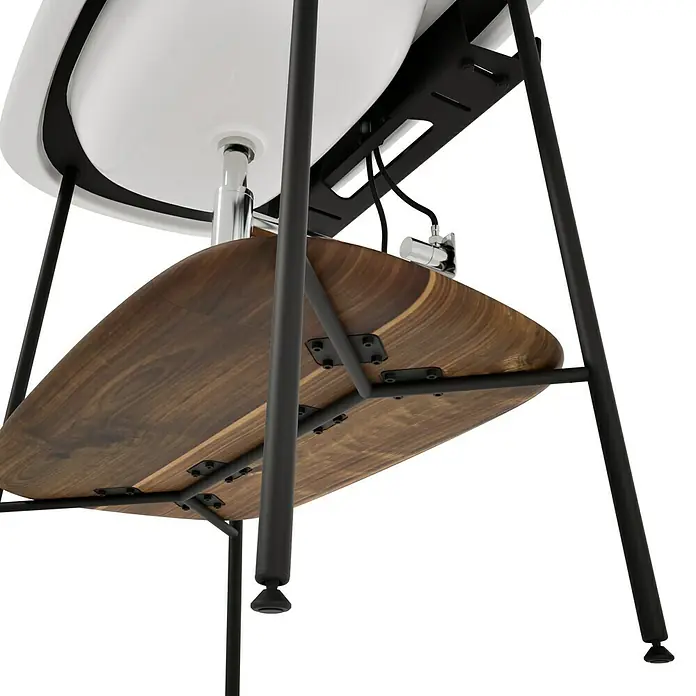 VitrA Plural Badmöbel-Set - Gesamtbreite Badmöbel: 99,5 cm, Weiß/Eiche Dunkel/Schwarz, Glänzend, 3 -tlg. - Detailaufnahme eines modernen Waschtischs mit Holzablage und schwarzem Metallgestell. Elegantes Design für ein stilvolles Badezimmer.