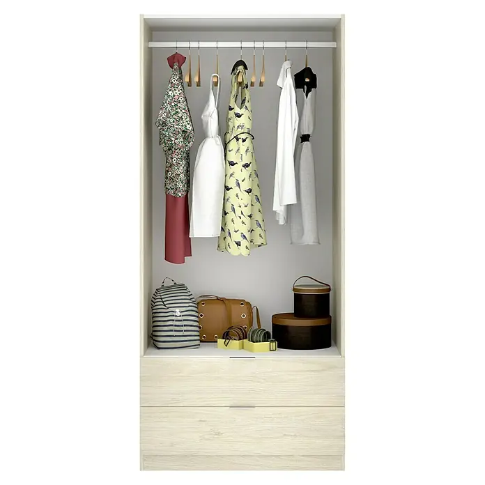 Dekit Armario para ropa Essen con cajones - L x An x Al: 52 x 81 x 184 cm, Natural, Número de cajones: 2 ud. - Un armario lleno de diversas prendas de vestir, una bolsa de rayas y cajas ordenadas en un estante dentro del armario.