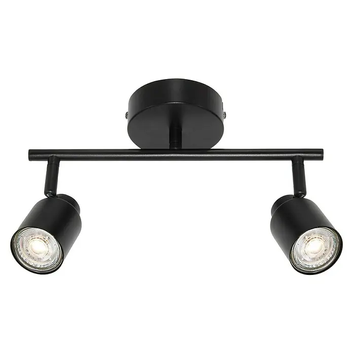 Osram Wand- & Deckenleuchte LED Spot Primal - L x B x H: 30 x 11,9 x 15,2 cm, Schwarz - Schwarze Deckenleuchte mit zwei Strahlern. Die Spots sind an einer Stange befestigt, die wiederum an einer runden Deckenhalterung montiert ist.