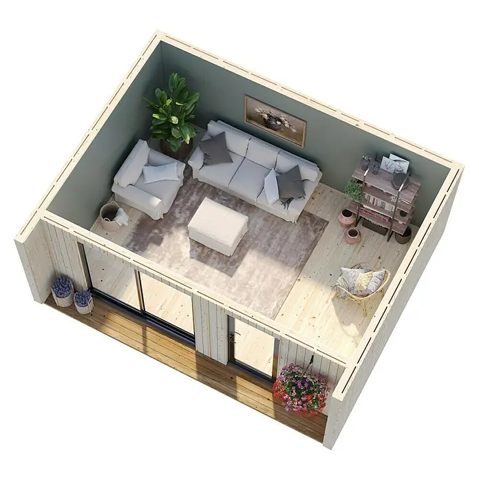 Palmako Gartenhaus Rebekka Nordic Plus - Außenmaß inkl. Dachüberstand (B x T): 562 x 446 cm, Holz, Natur unbehandelt - Gemütliches Gartenhaus-Interieur mit Sofa, Sessel, Teppich und Bücherregal für entspannte Stunden im Grünen.