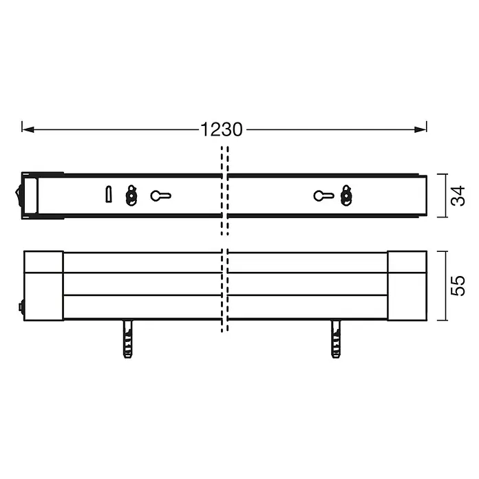 Osram LED-Lichtleiste Batten - L x B x H: 120 x 3,4 x 5,5 cm, Lichtfarbe: Kaltweiß, 16 W, 220 V - 240 V - Technische Zeichnung des Produkts mit Maßangaben zur Veranschaulichung der Abmessungen und Details.