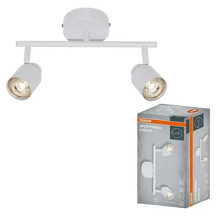 Osram Wand- & Deckenleuchte LED Spot Primal - L x B x H: 30 x 11,9 x 15,2 cm, Weiß - Produktbild einer weißen Osram Spot Primal 2XGU10 Lampe mit zwei Strahlern und zugehöriger Verpackung.