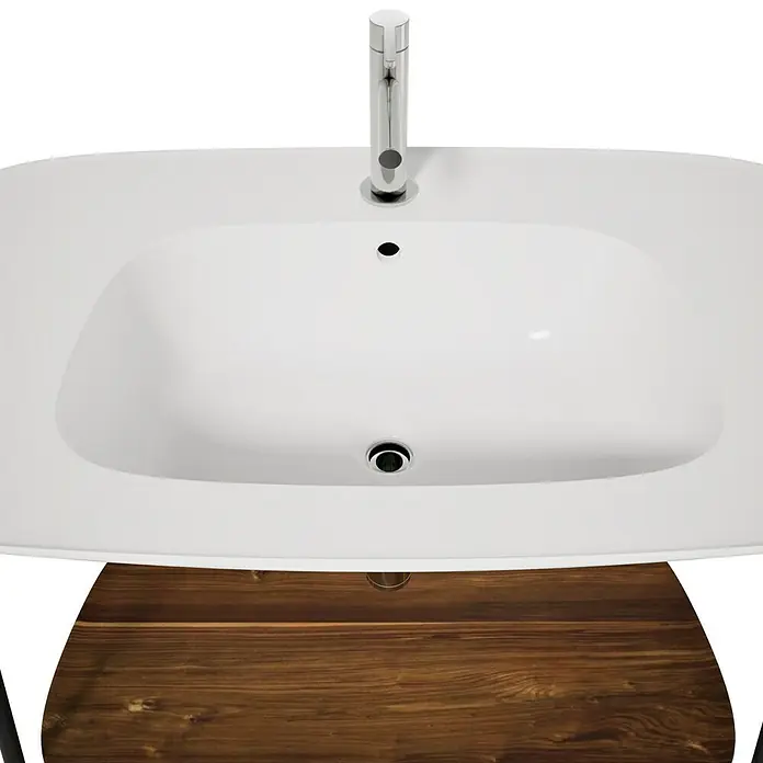 VitrA Plural Badmöbel-Set - Gesamtbreite Badmöbel: 99,5 cm, Weiß/Eiche Dunkel/Schwarz, Glänzend, 3 -tlg. - Ansicht von oben eines Waschbeckens mit Armatur und Holzunterschrank. Das schlichte Design passt ideal in jedes Badezimmer.