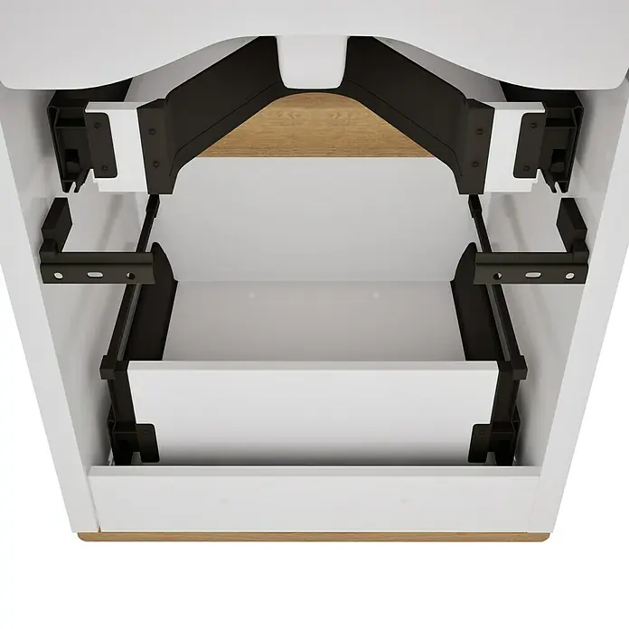VitrA Sento Badmöbel-Set Sento - 63 cm, Weiß, 2 Schubladen - Innenansicht eines weißen Schranks mit schwarzen Beschlägen und einer Holzoberfläche. Der Fokus liegt auf der Konstruktion des Schranks.