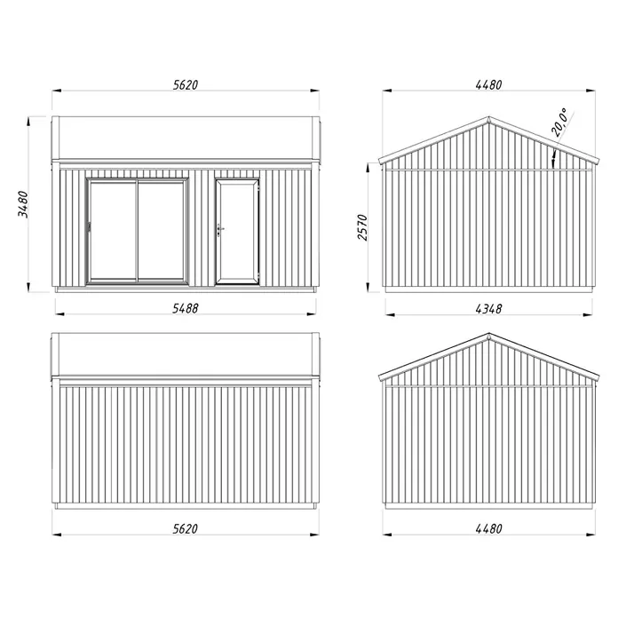 Palmako Gartenhaus Rebekka Nordic Plus - Außenmaß inkl. Dachüberstand (B x T): 562 x 446 cm, Holz, Natur unbehandelt - Ansichten eines Gartenhauses mit detaillierten Maßangaben für jede Seite.