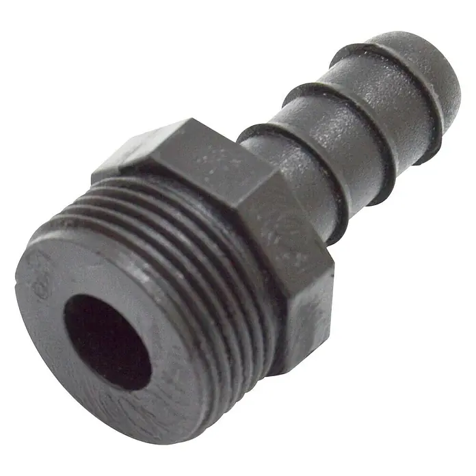 Conector para manguera goteo Macho - ¾″, 16 mm, Plástico - Primer plano de un racor de manguera de plástico negro con extremo roscado y una lengüeta acanalada.